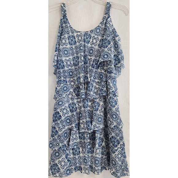 Signature by Robbie Bee Tiered White Blue Cold Shoulder Sheath Dress Women's 8 - Picture 3 of 7